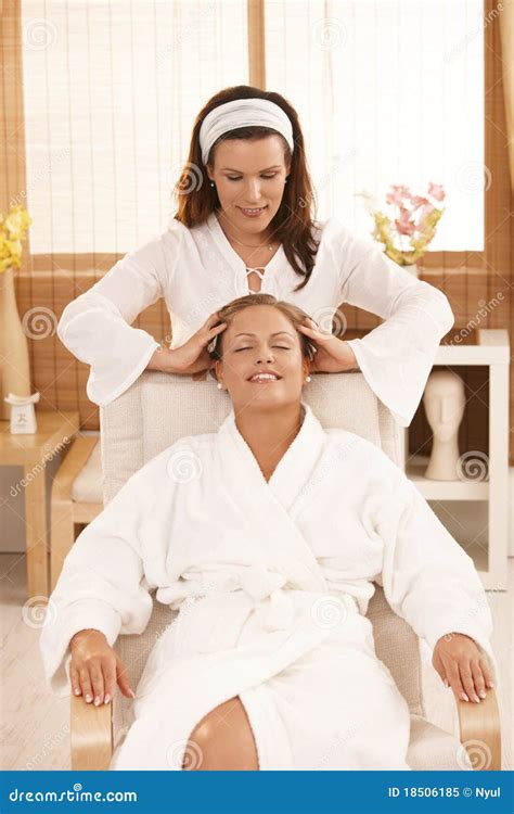 Happy Woman Enjoying Head Massage Stock Image Image Of American Lifestyle