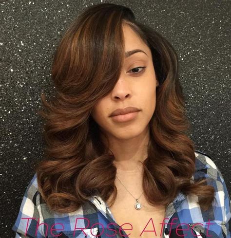 Brown Weave Hairstyle With Bangs And Highlights Sew In Hairstyles Black Hairstyles With Weave