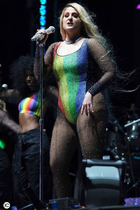 singer meghan trainor is seen wearing a pride bathing suit while singing live on stage in west