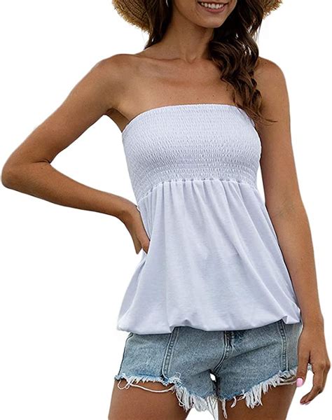 women strapless tube top stretchy ruched front flowy tunic shirt white x large