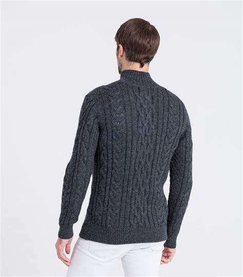 Charcoal Pure Wool Mens Pure Wool Aran Cable Zip Neck Knitted Sweater
