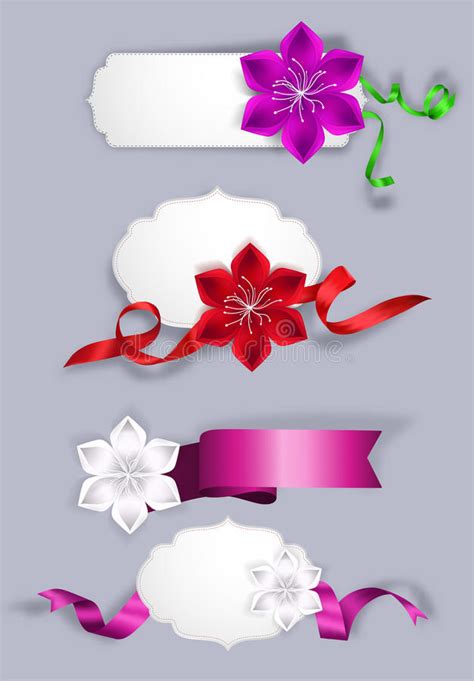 Set Of Elegant Greeting Cards With Silk Ribbons And Flowers Stock