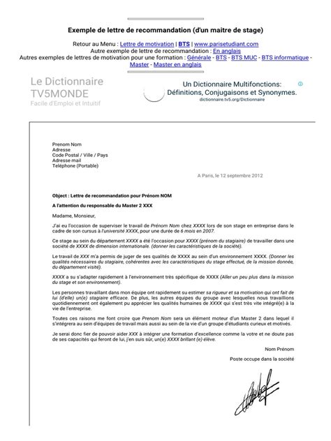 Exemple de Lettre de Recommandation (d'Un Maitre de Stage)  Motivation