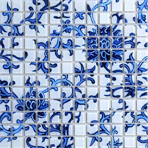 Crystal Glass Mosaic Blue And White Tile Backsplash Kitchen Pattern