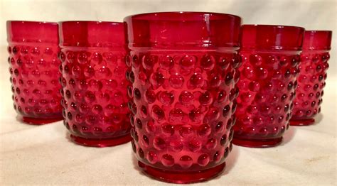 Antique Ruby Red Hobnail Depression Glass Juicewater Glass Set Of Five