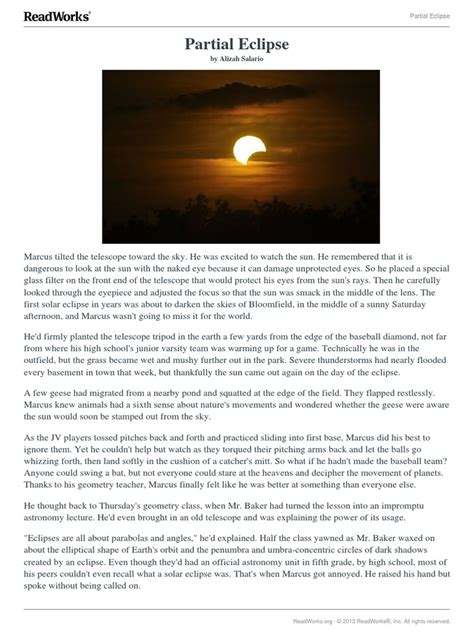 Free teacher answer keys reading passages with. readworks passage | Solar Eclipse | Sun