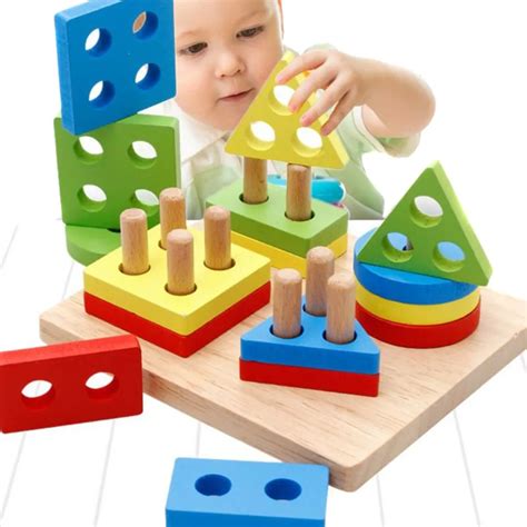 Children Wooden Color Geometric Building Block Toys Educational