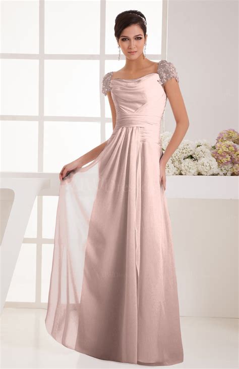 Dusty Rose With Sleeves Bridesmaid Dress Chiffon Trendy Floor Length