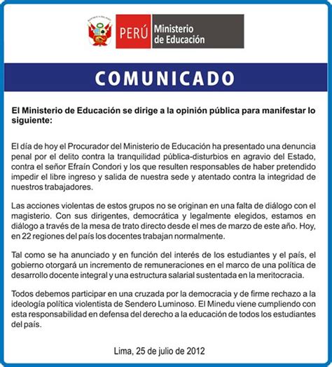 Comunicado El Ministerio De Educación Se Dirige A La Opinión Pública