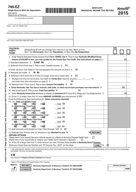 Fillable Form 740 Ez Kentucky Individual Income Tax Return 2015