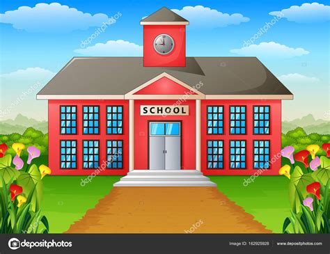 Cartoon Schoolgebouw Met Groene Tuin Vectorafbeelding Door © Dualoro ⬇