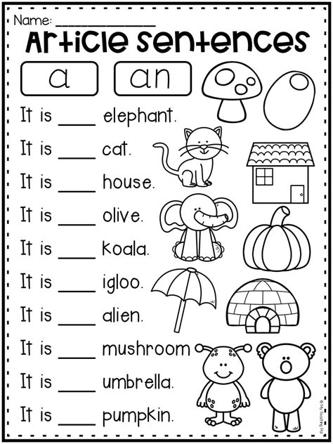 Articles Worksheet For Kindergarten First Grade And Second Grade