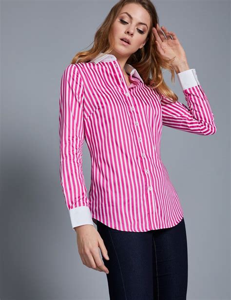Womens White And Pink Bengal Stripe Semi Fitted Shirt Single Cuff