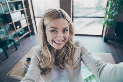 Closeup Photo Of Beautiful Blond Business Lady Chief Person Taking Selfies While Working Process