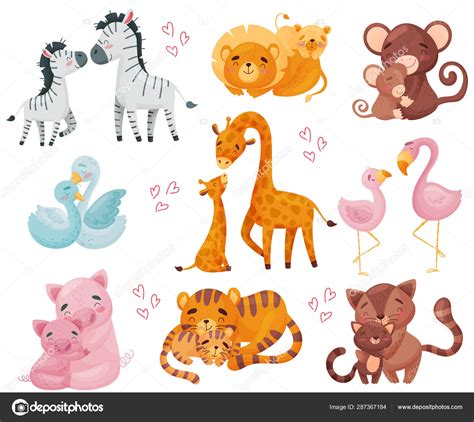 Collection Of Pairs Of Animals Mom And Baby Vector Illustration On