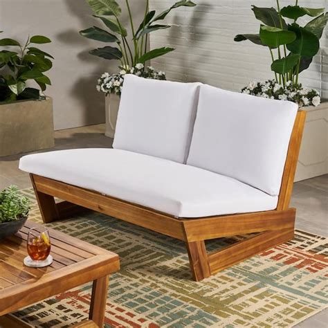 Noble House Sherwood Teak Brown Wood Outdoor Loveseat With White