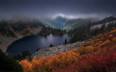 Landscape Nature Fall Colorful Mountain Lake Pine Trees Mist Dark