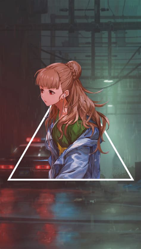 Wallpaper Anime Girl Earphones Raining Triangle Red