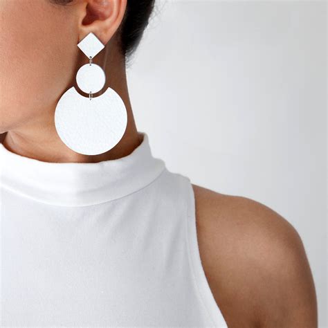 Large White Leather Drop Earrings Big Geometric Earrings Modern