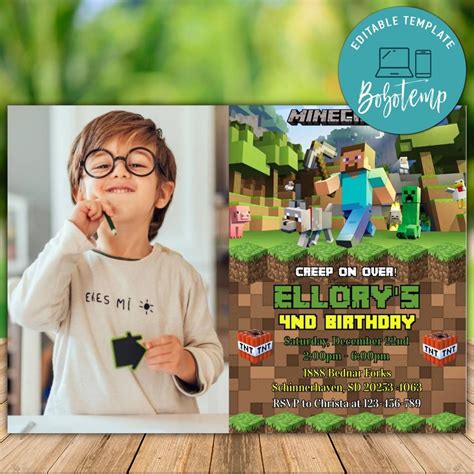 Printable Minecraft Birthday Invitation With Photo Diy Createpartylabels