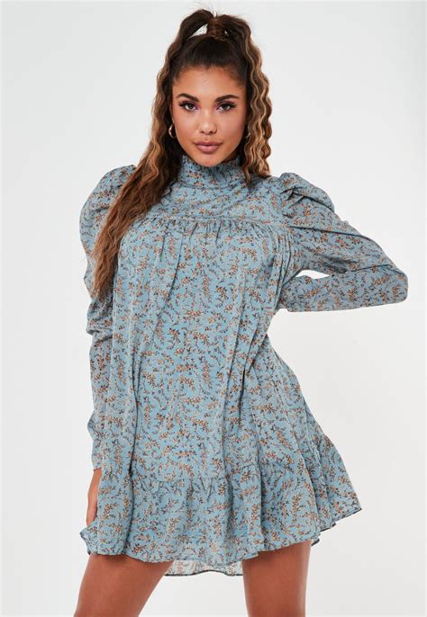 Blue Ditsy Floral High Neck Puff Sleeve Smock Dress Missguided