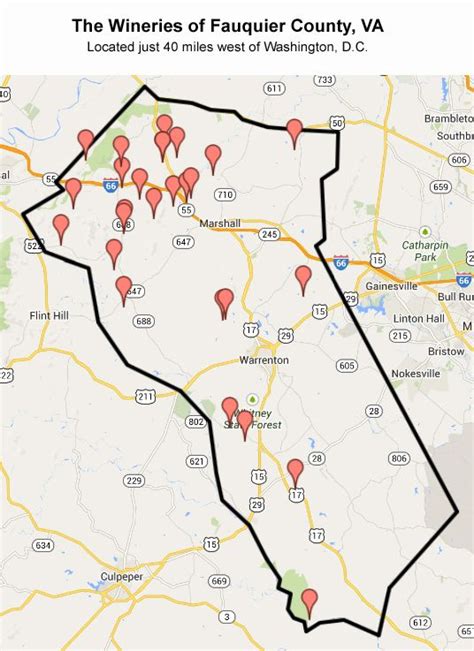 Locations Of The 26 Wineries Of Fauquier County Located In Northern
