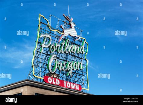 Iconic Portland Oregon Old Town Sign With An Outline Of Oregon And A