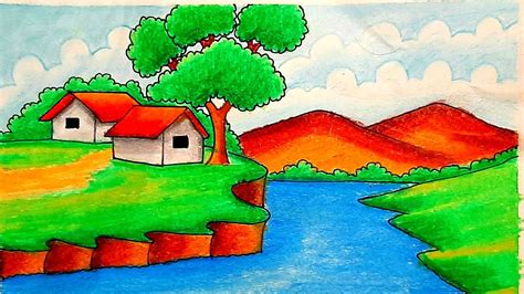 How To Draw A Landscape Scenery Easy Beautiful Riverside Village