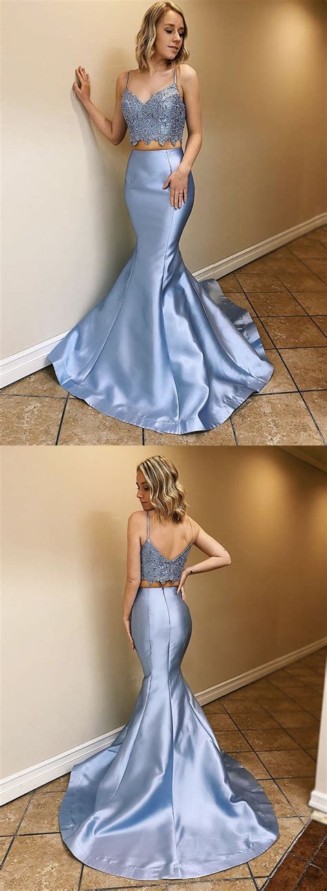 Blue Lace Two Pieces Prom Dress Party Dress In 2020 Blue Evening