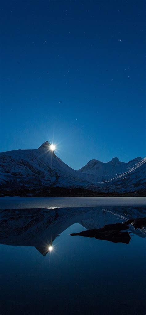 Sunset Lake Mountains Snow Water Reflection Stars Dusk 828x1792