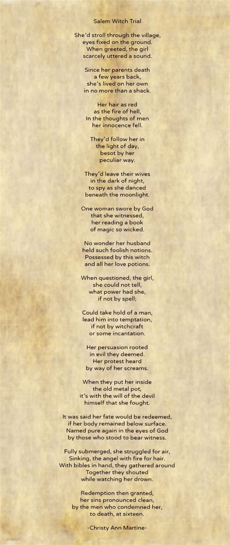 A statement, made under penalty of perjury, that the above information is accurate, and that you are the copyright owner or are authorized to act on behalf of the. Salem Witch Trial - poem by Christy Ann Martine #witches #poems #poetry | Salem Witch Trials ...