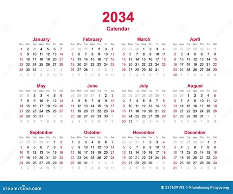 Calendar 2034 12 Months Yearly Vector Calendar In Year 2034