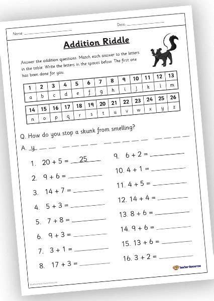 Addition Riddle Worksheet Skunk K 3 Teacher Resources