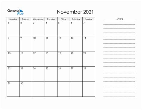 Printable Monthly Calendar With Notes November 2021