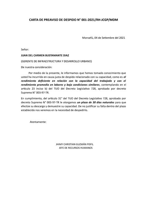 Carta De Preaviso De Despido Carta De Preaviso De Despido N° 001 2021