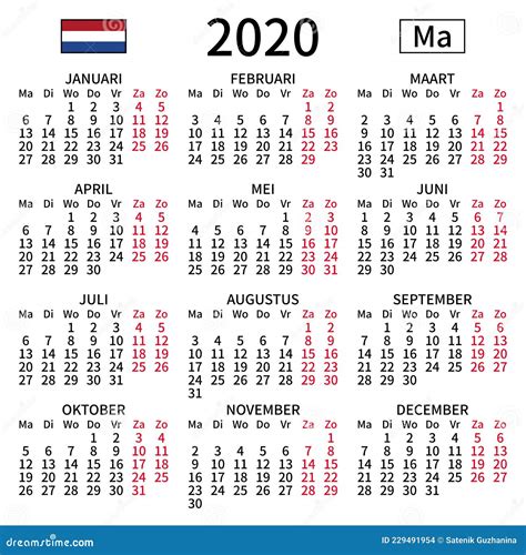 Dutch Calendar 2020 Monday Stock Vector Illustration Of Dutch Neat