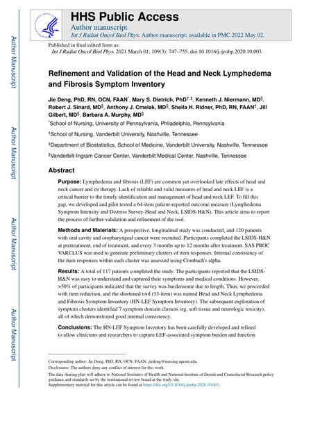 Pdf Refinement And Validation Of The Head And Neck Lymphedema And
