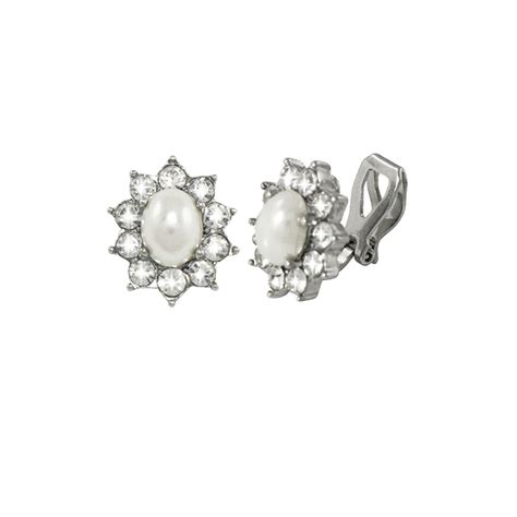 Sofia White Pearl Clear Crystal Floral Silver Tone Clip On Stud Earrings