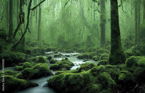 A Calm Stream In A Mossy Forest Mossy Forest Stream Larch Tree Forest