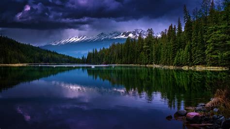 Lake With Mountain And Trees Reflection Under Dark Clouds 4k Hd Nature