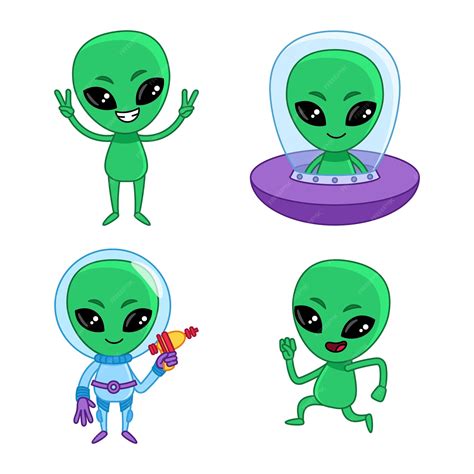 Free Vector Set Of Cute Cartoon Alien Character Showing Piece Sign