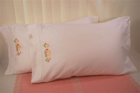 Vintage Hand Embroidered White Pillowcases Set Of Two Etsy Hand