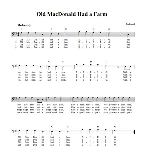 Old Macdonald Had A Farm Bass Clef Instrument Sheet Music Lead Sheet