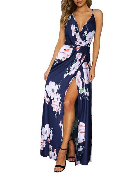 Ii Inin Womens Deep V Neck Casual Dress Summer Backless Floral Printsolid Split Maxi Dress For