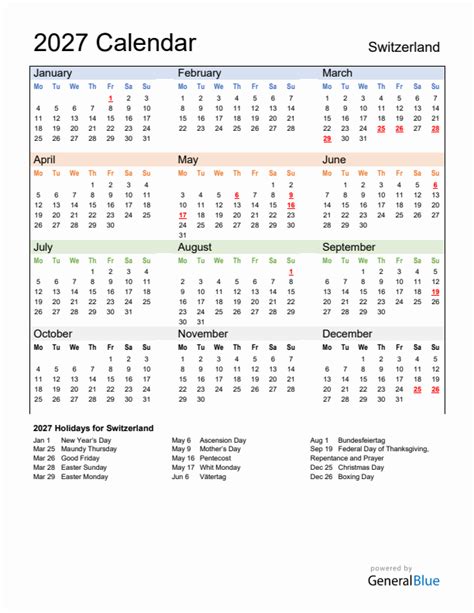 Annual Calendar 2027 With Switzerland Holidays
