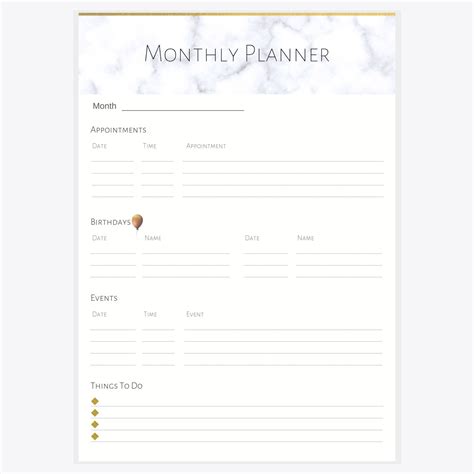 Marble Monthly Planner Printable Monthly Calendar Month At A Etsy Uk