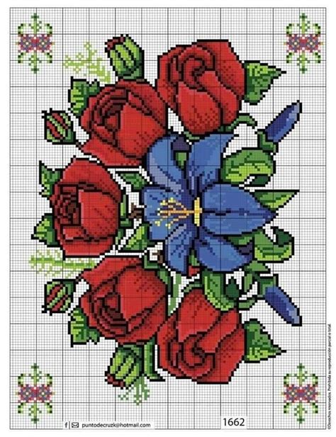 A Cross Stitch Pattern With Red Roses And Blue Flowers On The Bottom