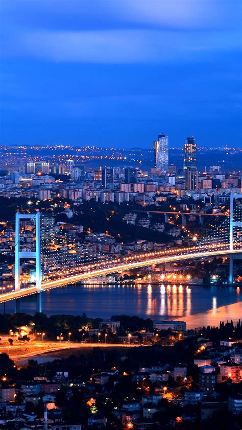 Картинка Стамбул Турция Мегаполис мост Ночные Дома Города 1080x1920