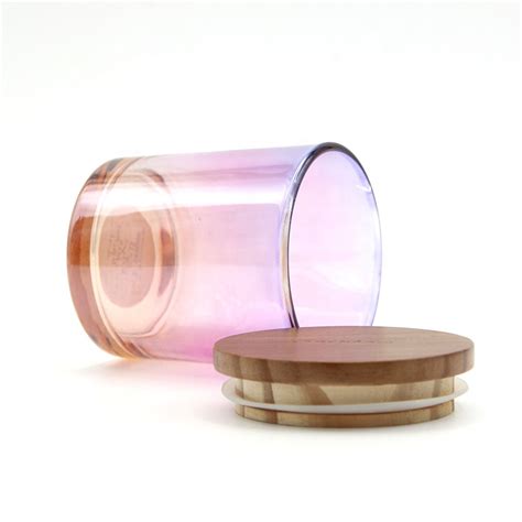 Large capacity 550ml glass candle holder 17oz blue luxury candle jars with lids for home decoration. New Product Iridescent Round Glass Candle Jar With Wood ...
