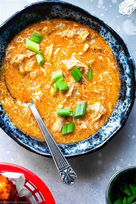 This super simple crockpot cauliflower chicken chili recipe is low carb, paleo, whole30 and only requires about 10 minutes of prep time. Crock Pot Low Carb Buffalo Chicken Soup | Food Faith Fitness